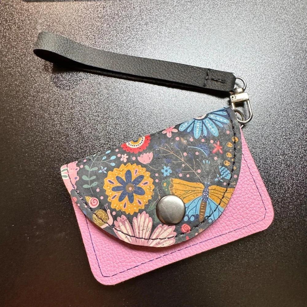 Cork Card Wallet Womens Floral Butterfly Pink Wristlet Coin Purse Holder